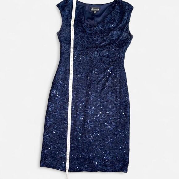 Navy Lace and Sequin Sheath Dress with Cowl Neckline - Picture 7 of 8